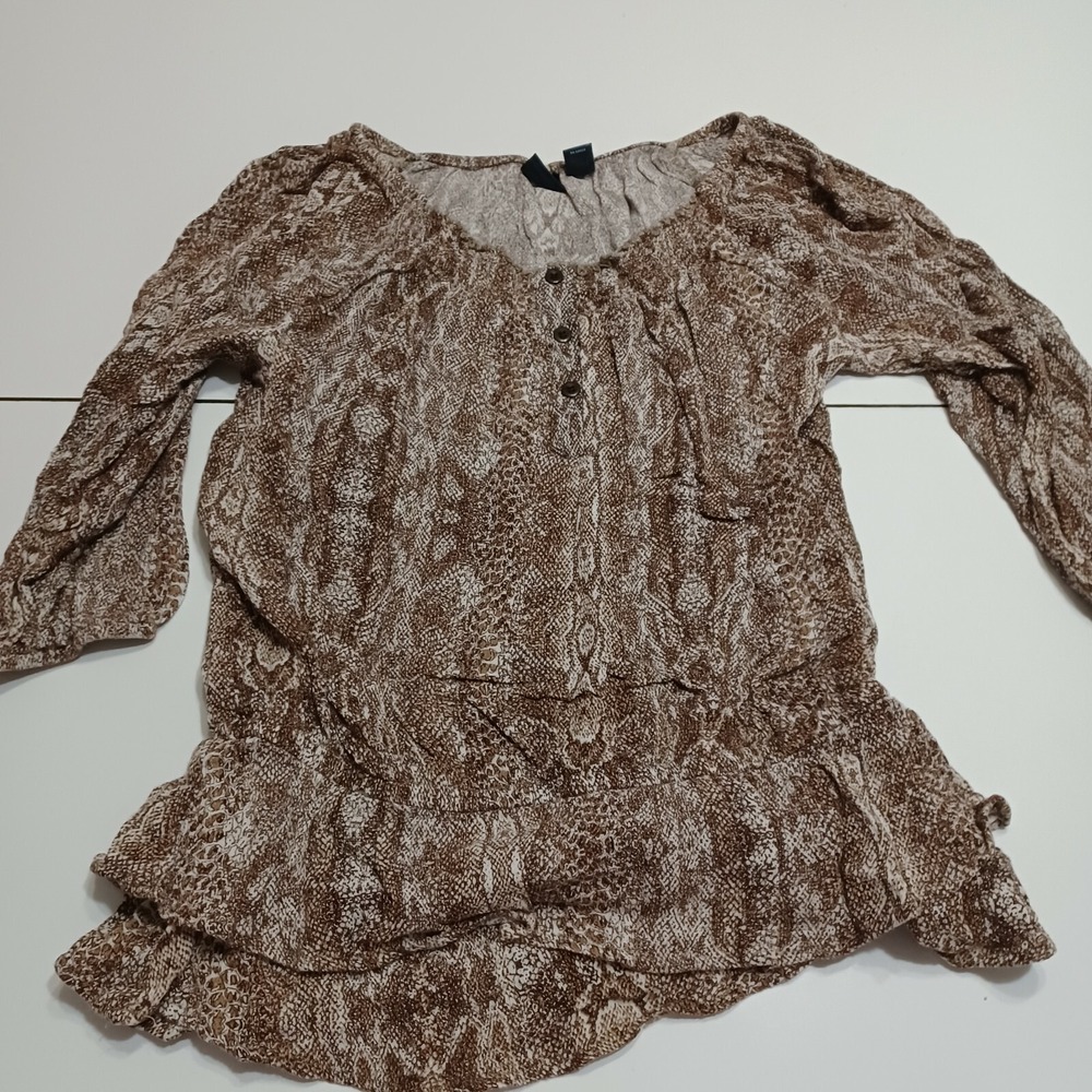 Westbound Womens Tunic Top Brown Beige Snakeskin 3/4 Sleeve Smock Neck Ruffles S